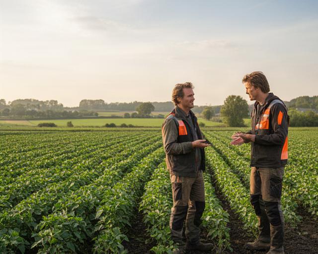 Agrarisch overleg naast een groen akkerperceel bij s-Heerenberg in Gelderland